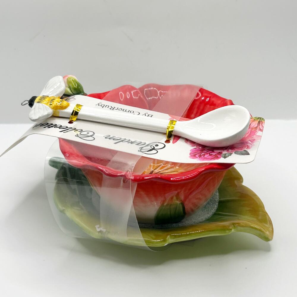 Corner Ruby Botanical Collection Coral Flower Teacup Leaf Saucer & Spoon New